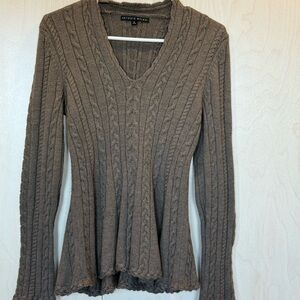 ANTONIO MELANI Taupe Brown Cable Knit V-Neck Sweater
